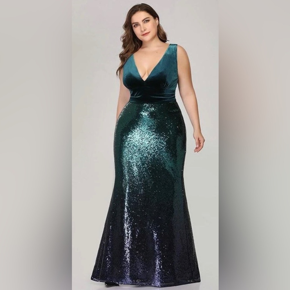 Ever-Pretty Plunging Neck Velvet Bodice Sequin Fishtail Mermaid Dress SZ 16 NWT